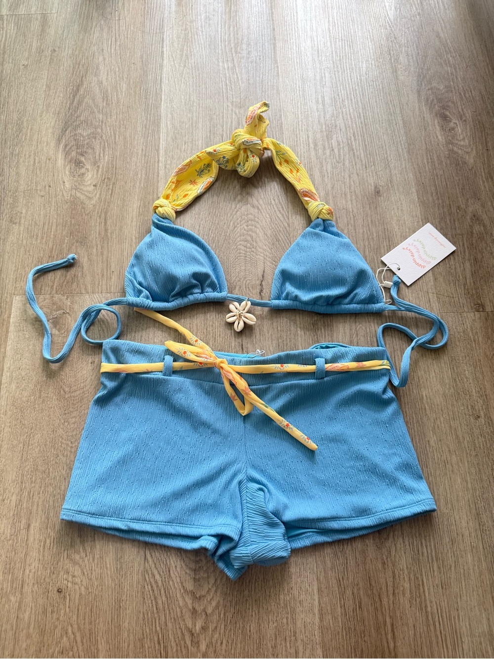 dippin daisys blue & yellow Ibiza top + pacha bikini bottom shorts swim set NEW